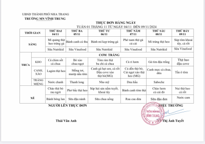 Thực đon Tuần 1  - Tháng 11/2024