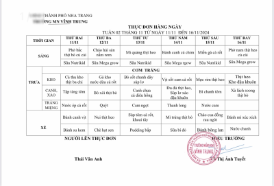 Thực đơn tuần 2 tháng 11/2024