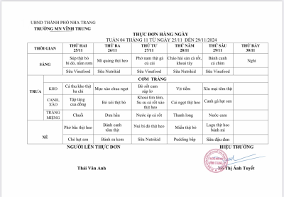 Thực đơn tuần 4 tháng 11/2024