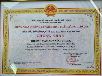 QĐ số 698/QĐ-SGDDT Chứng nhận Trường MN Vĩnh Trung đạt kiểm định chất lượng giáo dục cấp độ 2